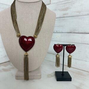 RARE YSL Red Enamel Heart with intricate scroll work Necklace and Earring Set